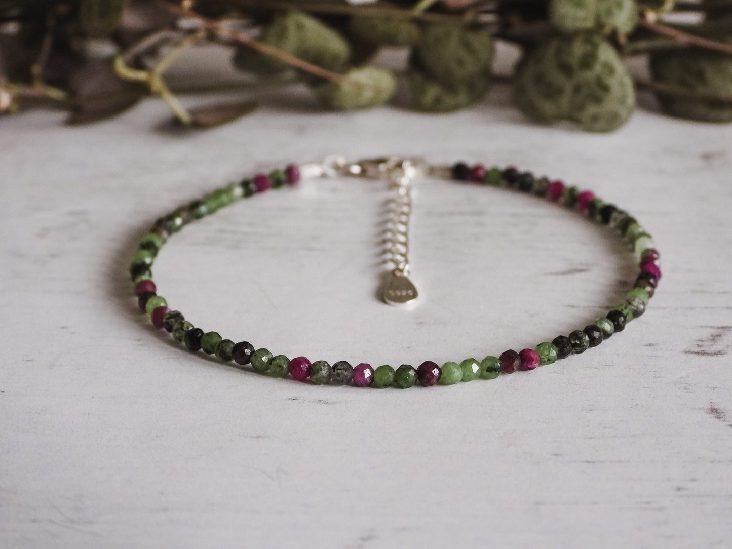 adjustable ruby in zoisite bracelet with sterling silver clasp and chain
