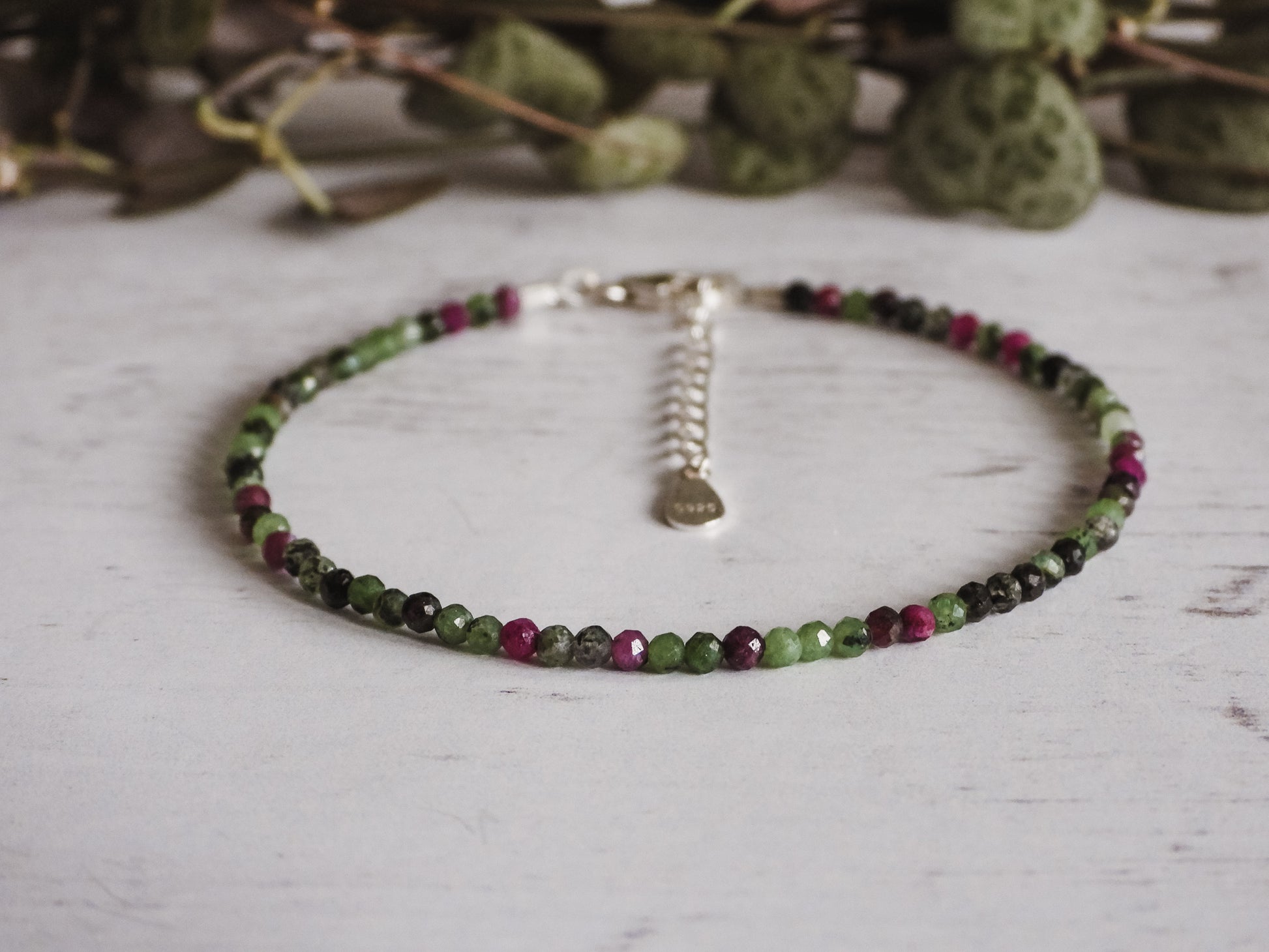 adjustable ruby in zoisite bracelet with sterling silver clasp and chain