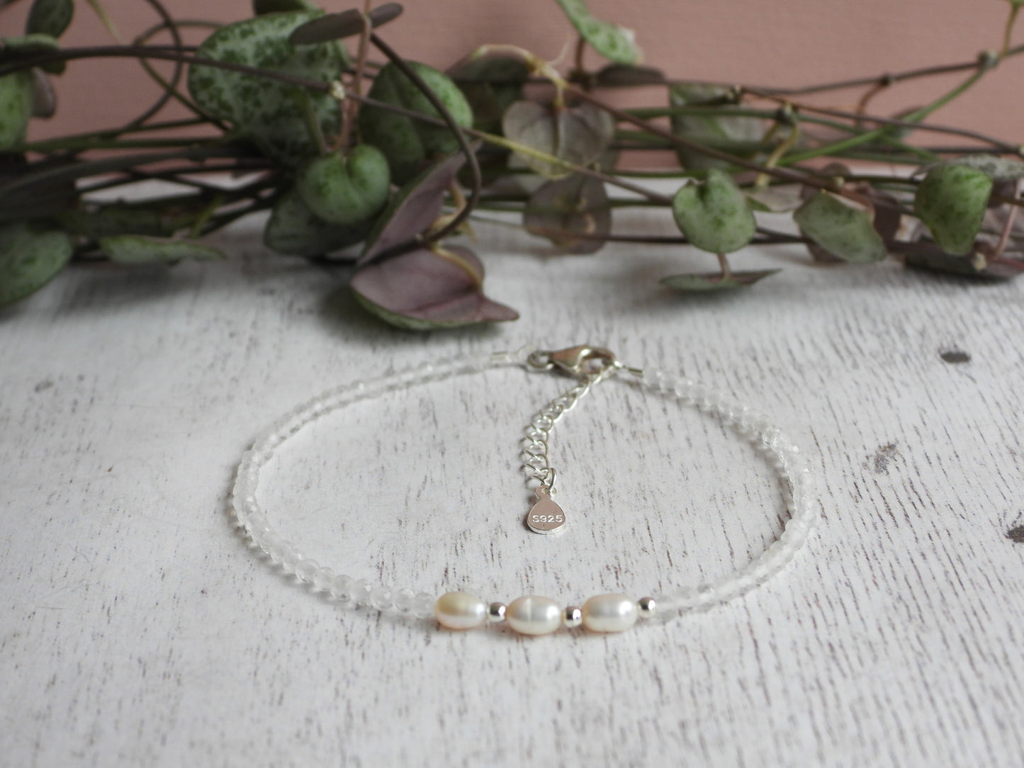 adjustable quartz and pearl sterling silver gemstone bracelet with chain
