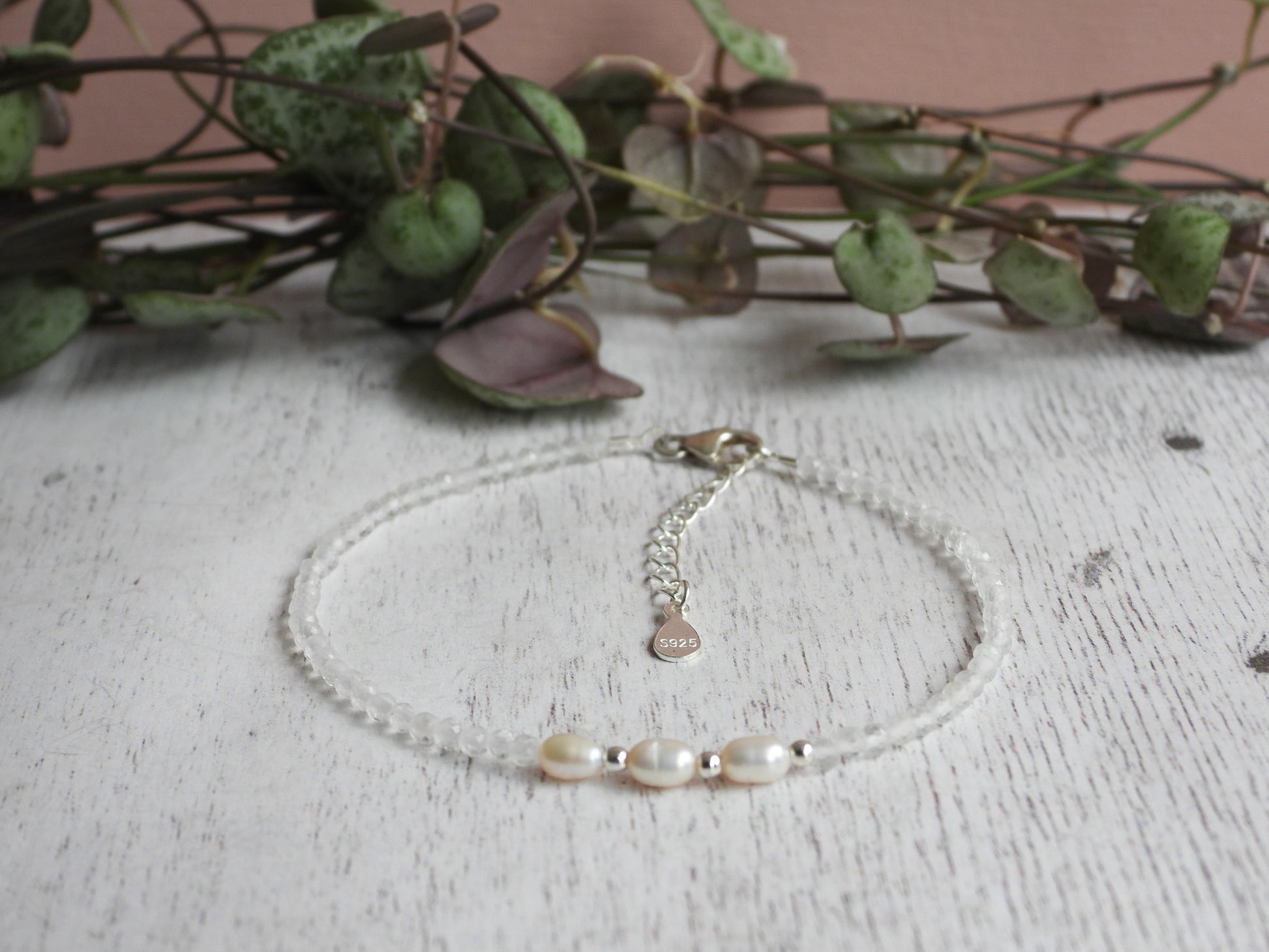 adjustable quartz and pearl sterling silver gemstone bracelet with chain