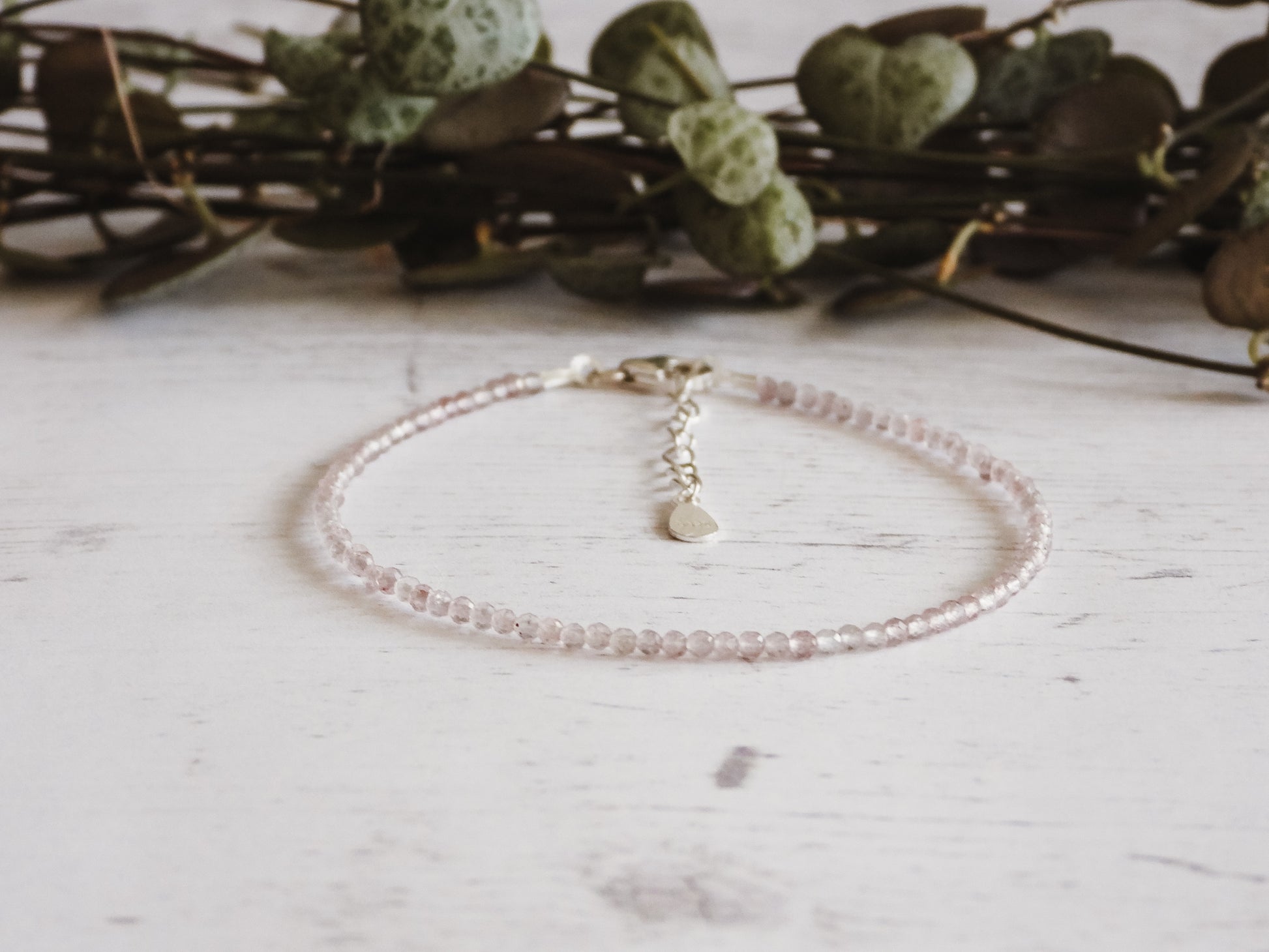 adjustable pink strawberry quartz gemstone stacking bracelet with sterling silver clasp and chain