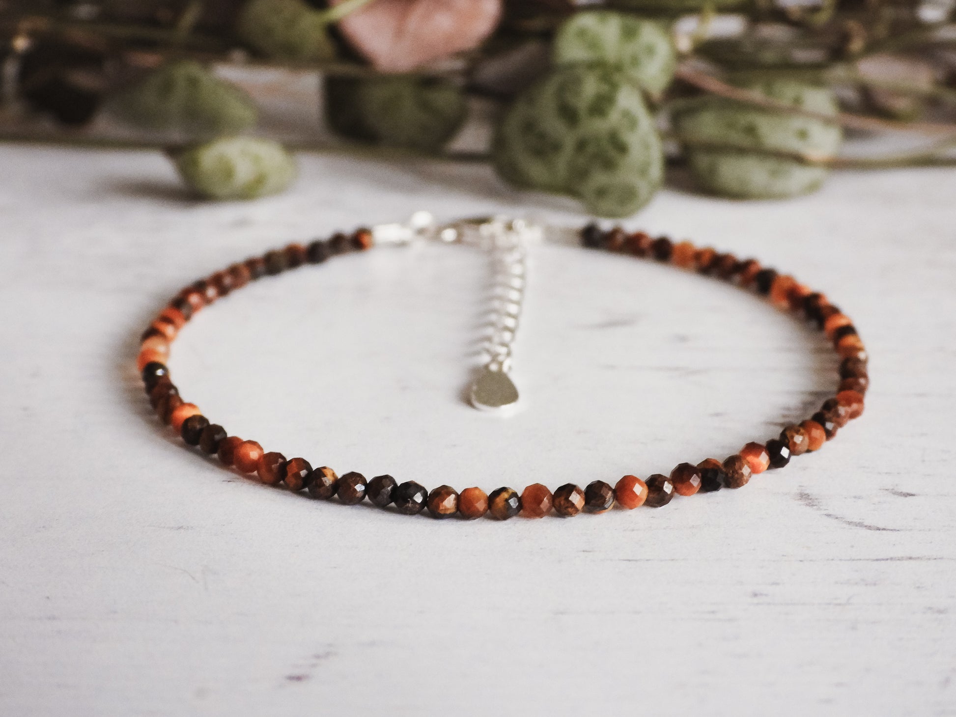 adjustable tigers eye 2mm beaded bracelet with sterling silver clasp and chain