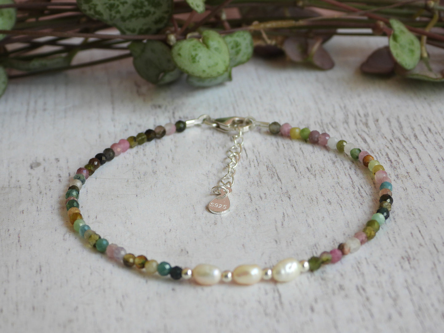 Dainty Tourmaline and Pearl Gemstone Bracelet | October Birthstone | Faceted Beads