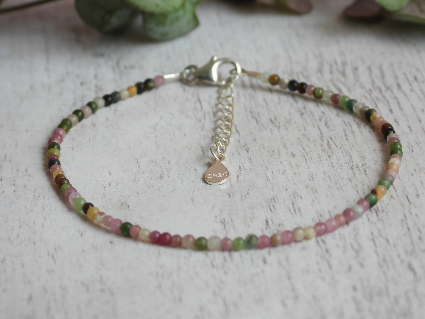 adjustable tourmaline gemstone beaded bracelet in boho style with solid silver chain