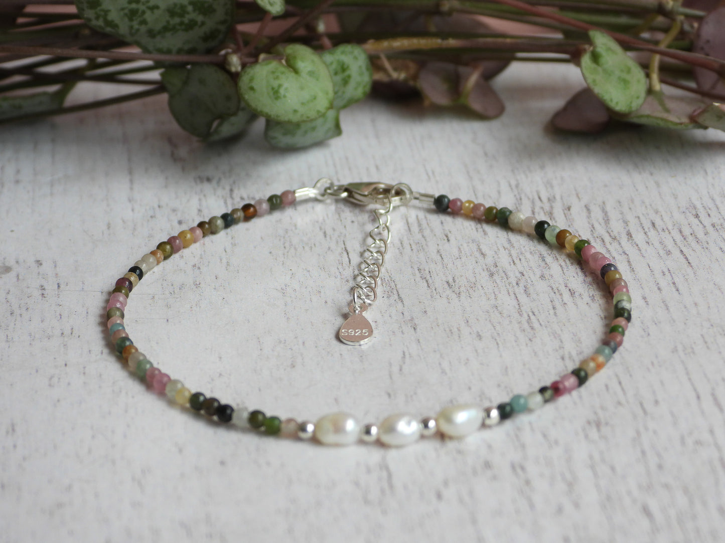 Dainty Tourmaline and Pearl Gemstone Bracelet | October Birthstone Birthstone | Round Beads