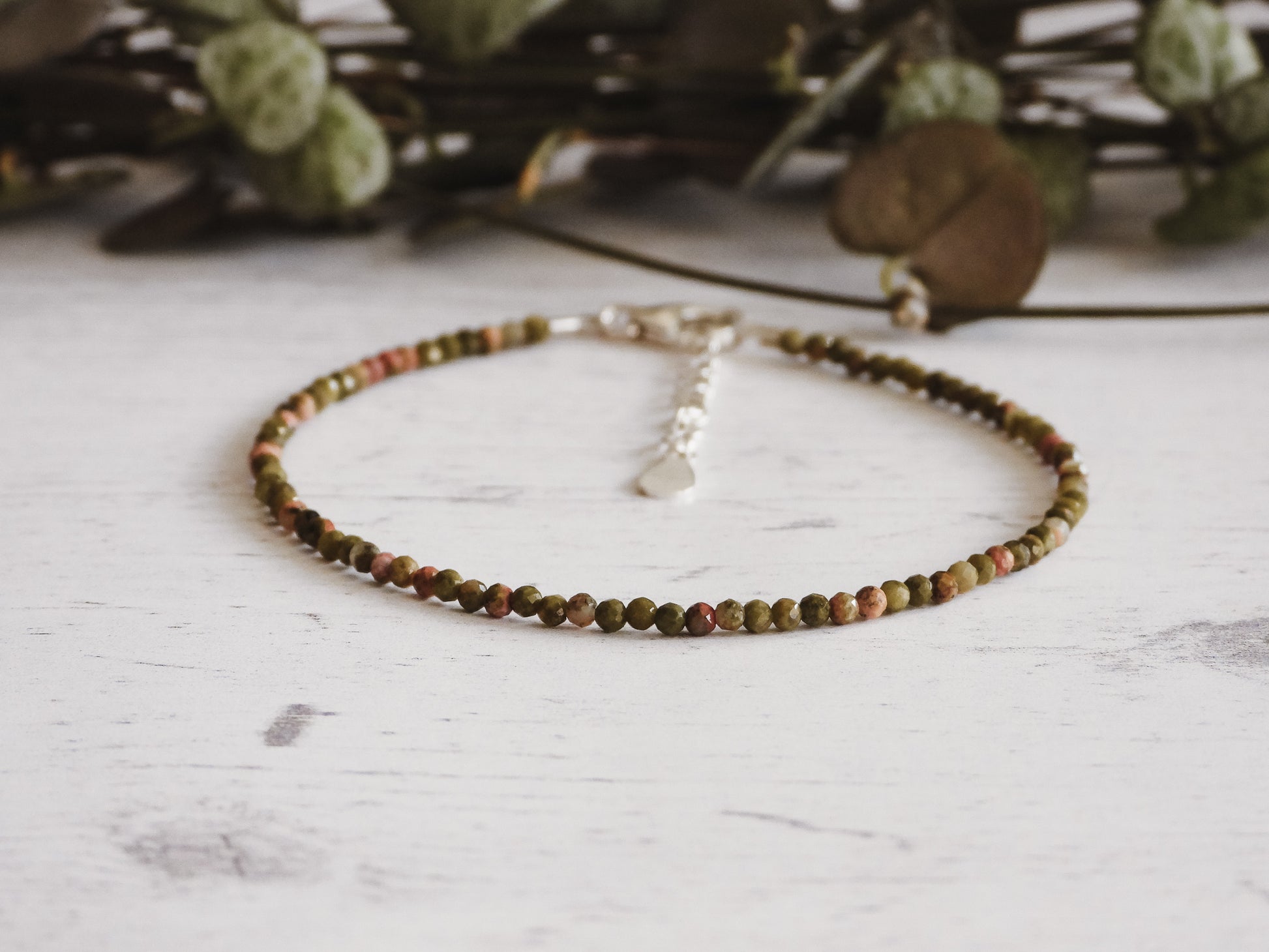 adjustable unakite jasper beaded bracelet with sterling silver clasp and chain