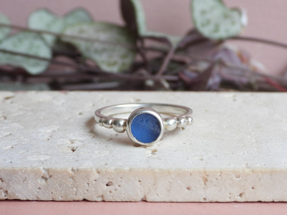 Cornish Cornflower Blue Seaglass Ring | Size P | Handmade in Cornwall
