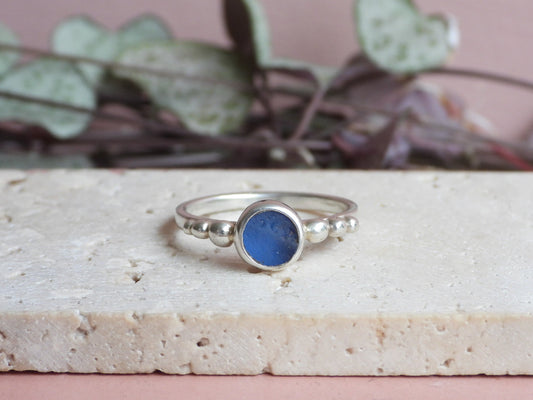 Cornish Cornflower Blue Seaglass Ring | Size P | Handmade in Cornwall