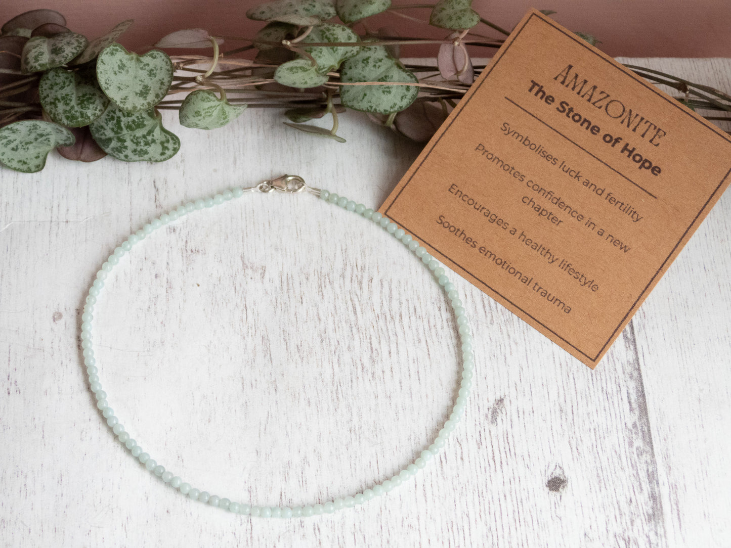 Dainty Amazonite "Hope" Gemstone Beaded Anklet | Round Beads