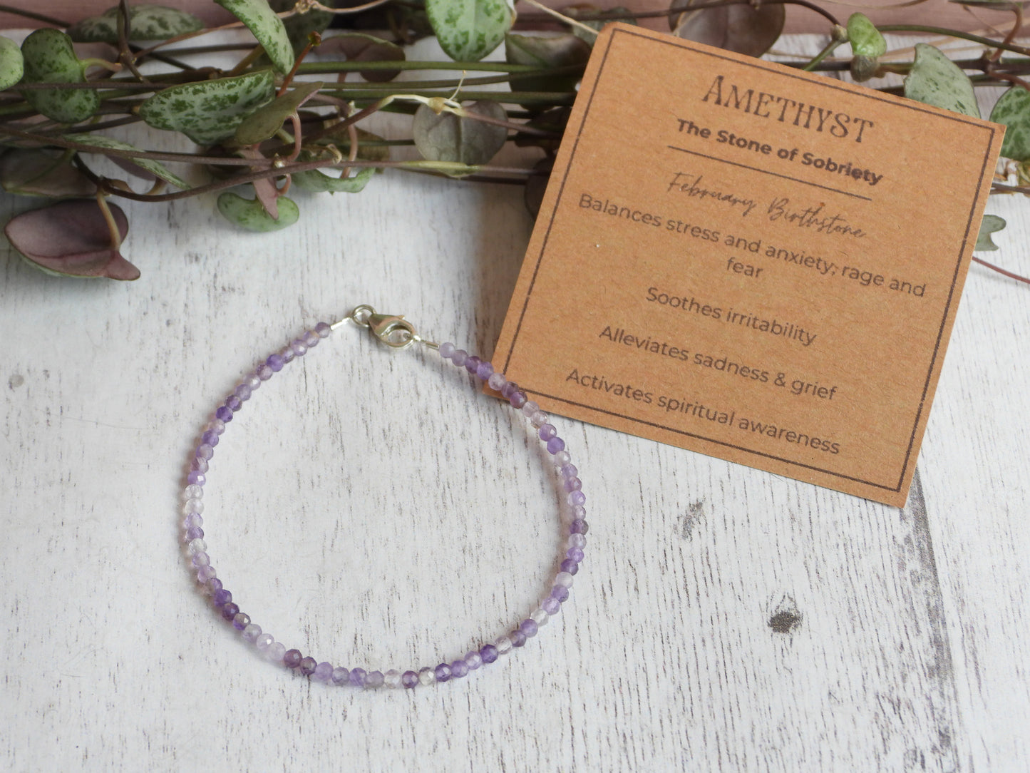 amethyst crystal healing beaded bracelet, handmade in Cornwall