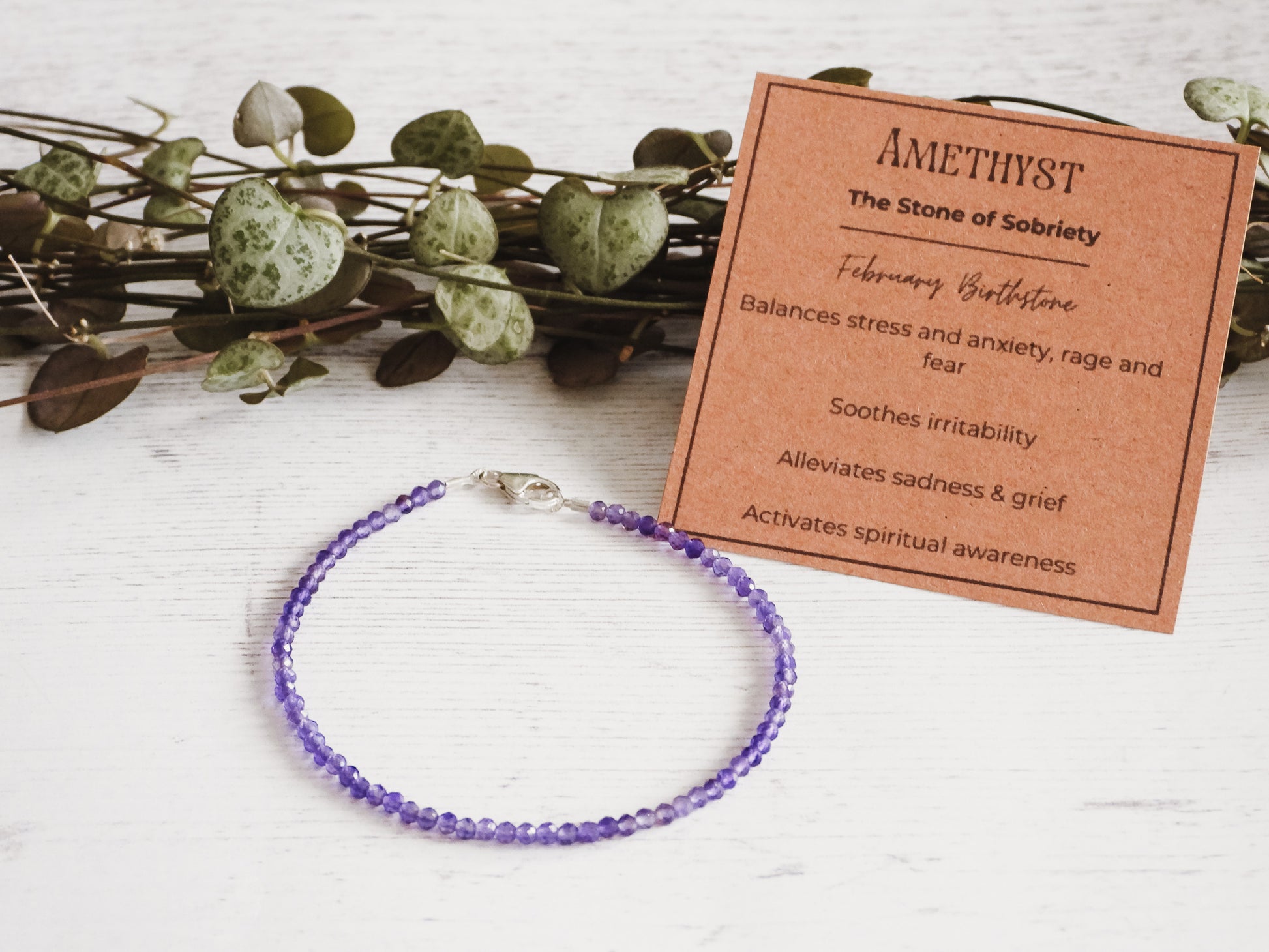 amethyst purple bracelet with crystal healing card