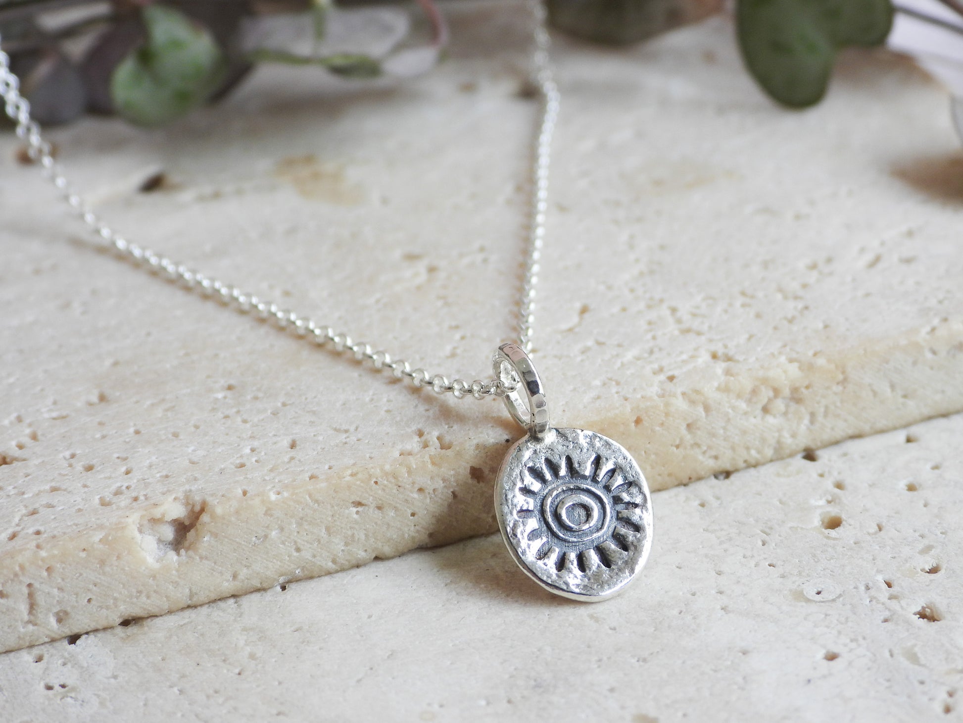 ancient boho style sun talisman charm, handmade with sterling silver