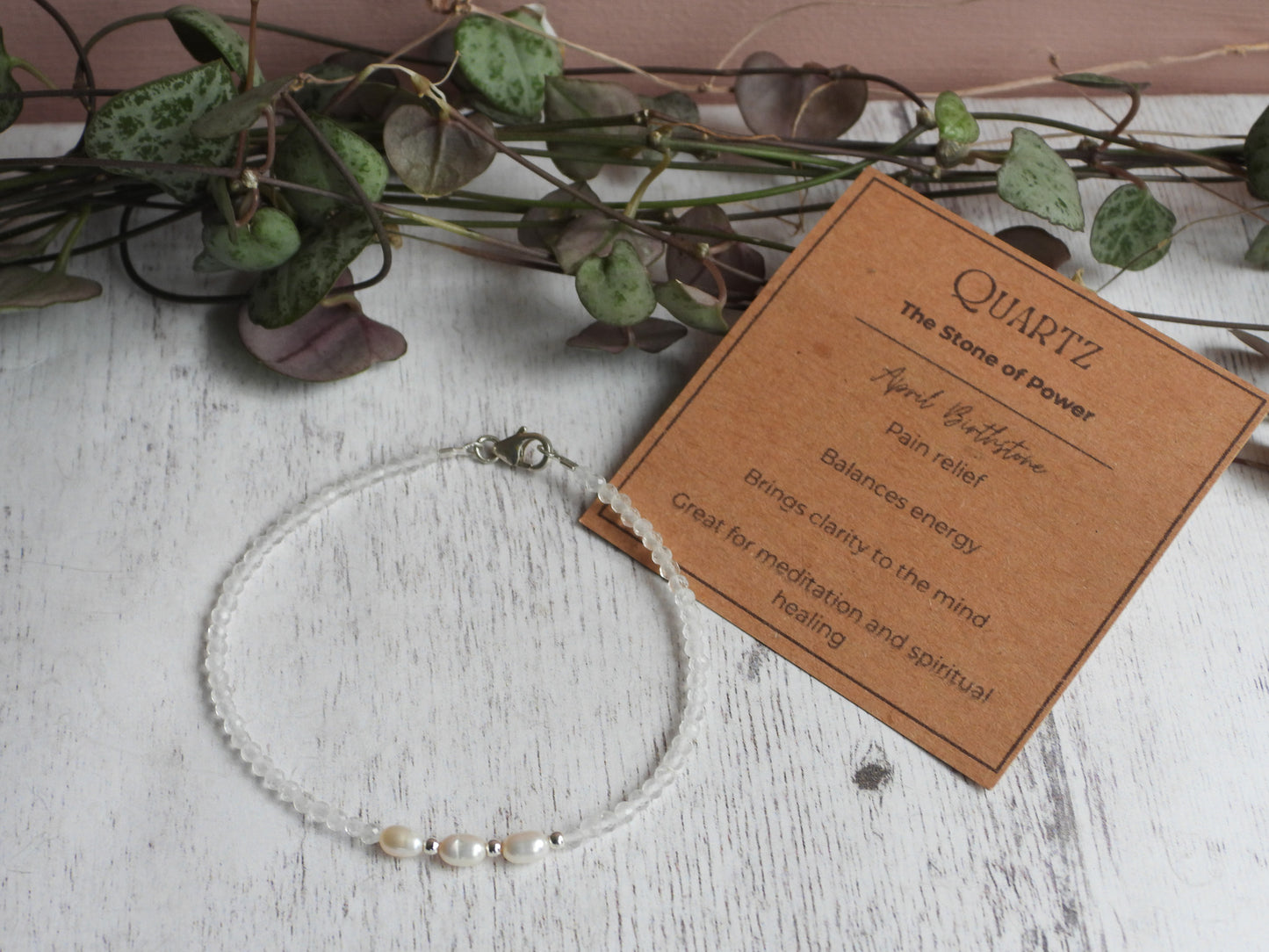 April birthstone, quartz crystal healing gemstone bracelet