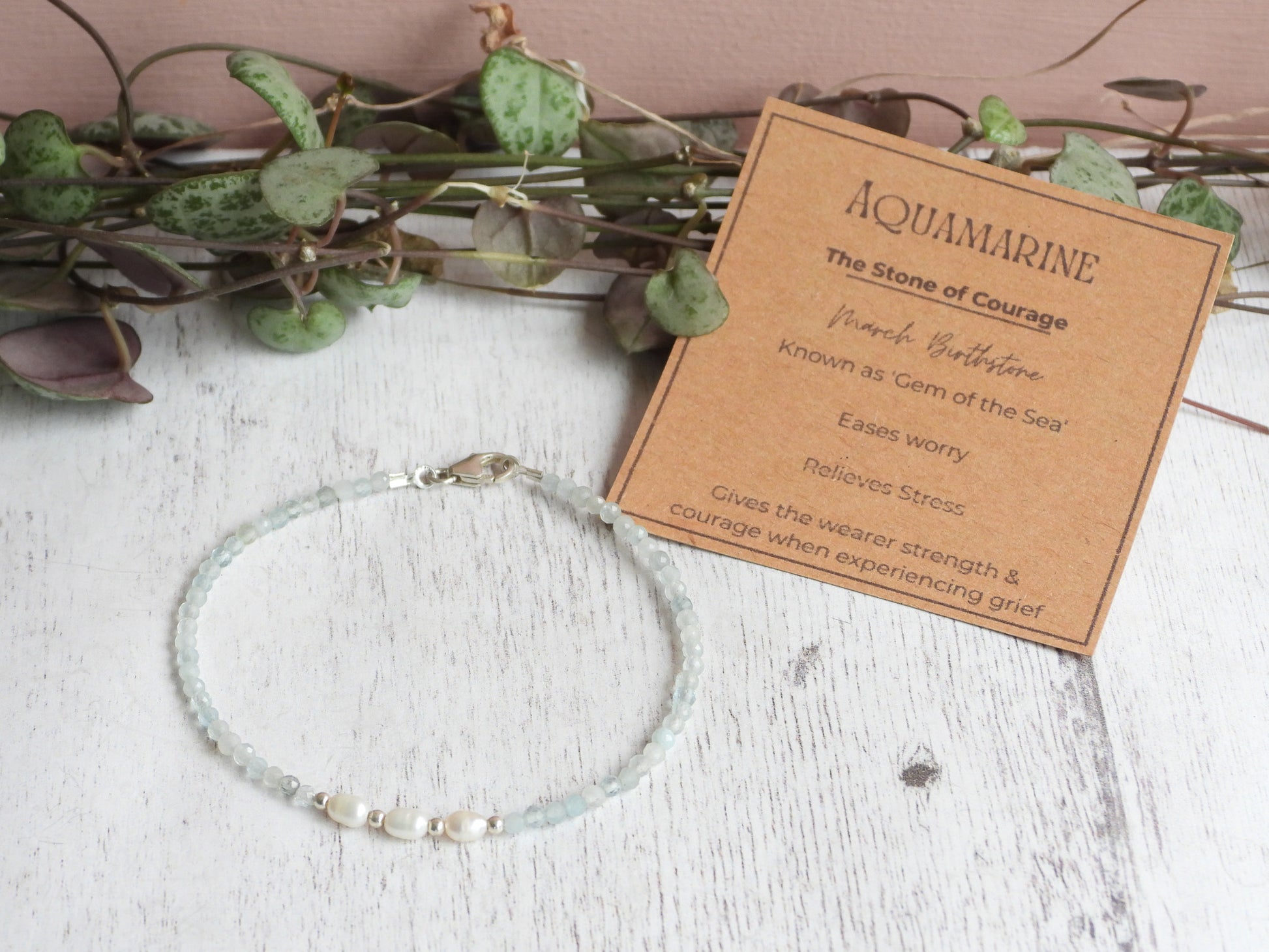aquamarine crystal healing gemstone and pearl bracelet