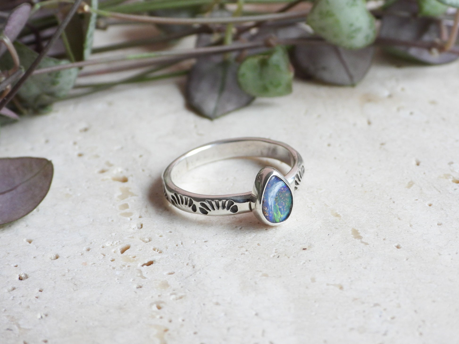 blue Australian boulder opal handmade stacking ring with sterling silver 925