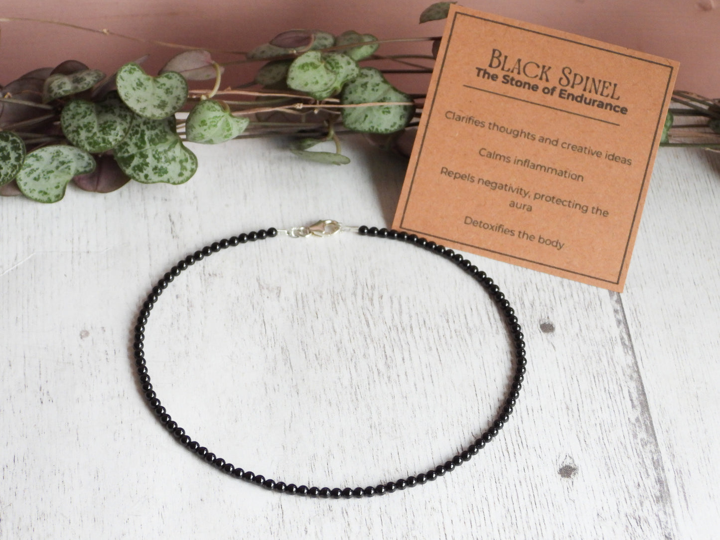 Dainty Black Spinel "Endurance" Gemstone Anklet | Round Beads