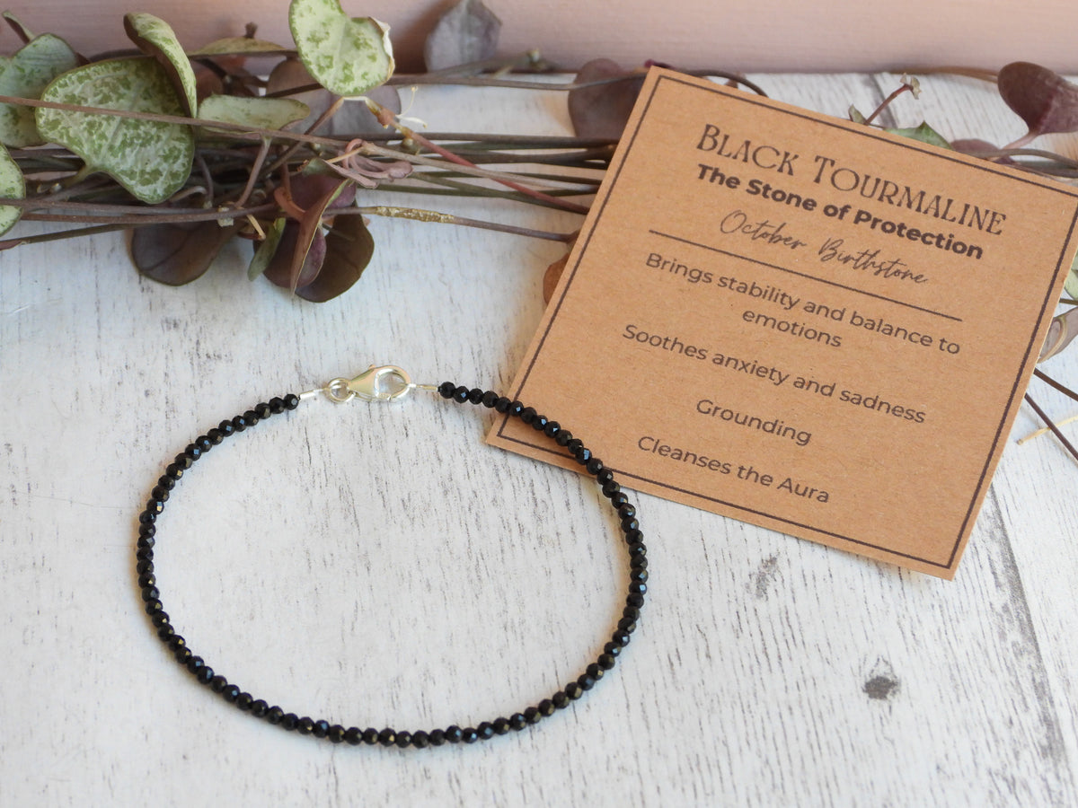 Dainty Black Tourmaline Gemstone Bracelet | Sterling Silver | Handmade