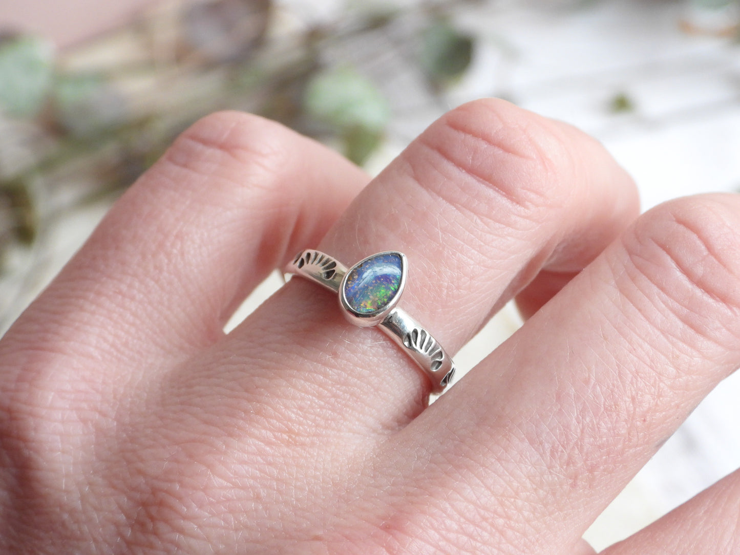 blue bohemian style boulder opal stacking ring handmade in Cornwall