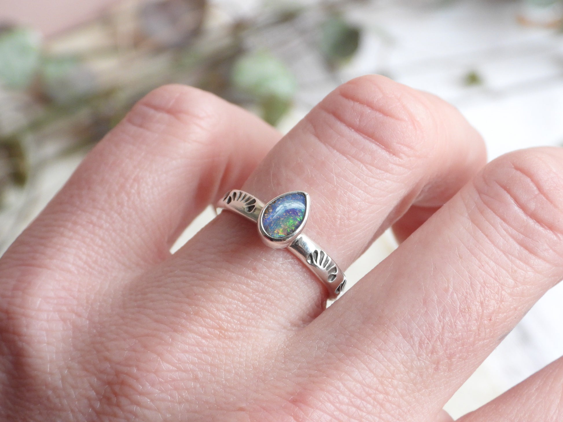 blue bohemian style boulder opal stacking ring handmade in Cornwall
