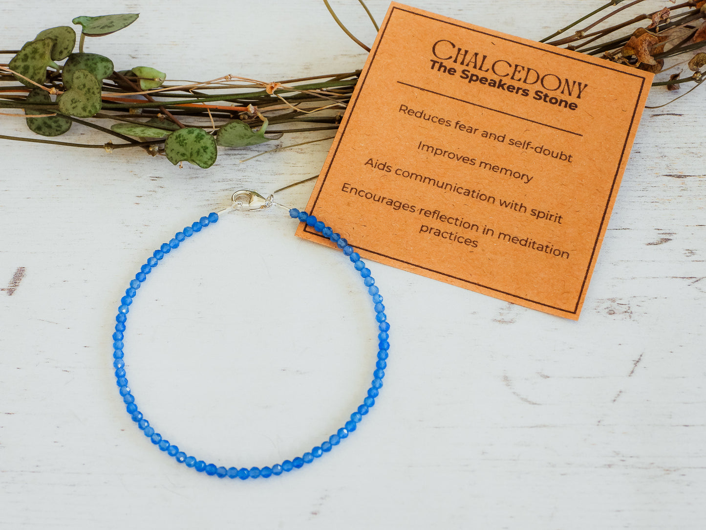 blue chalcedony crystal healing bracelet with card