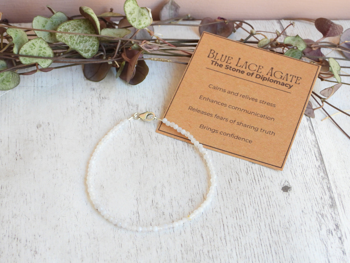 Dainty Blue Lace Agate Gemstone Bracelet | Sterling Silver | Handmade
