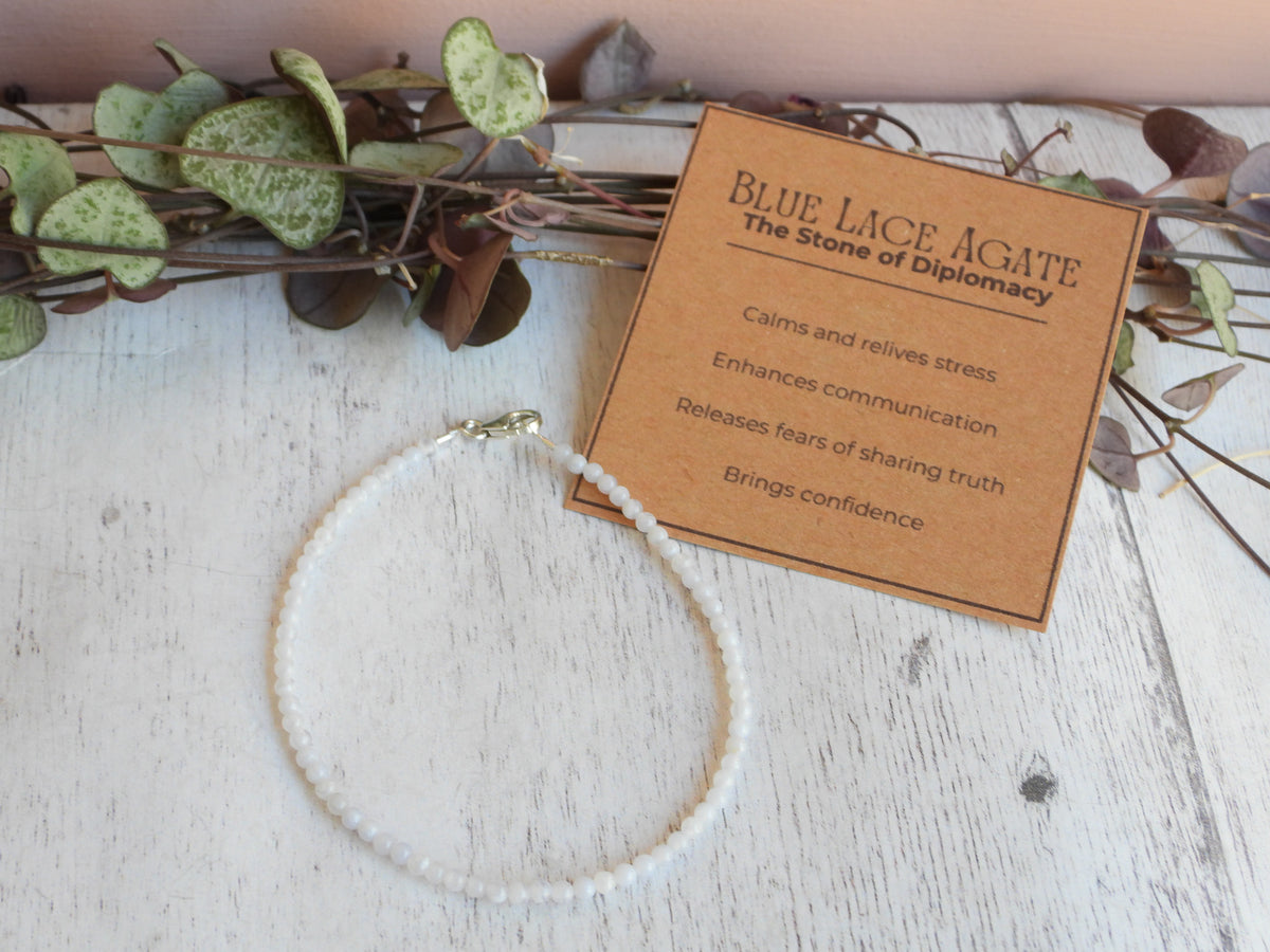 Dainty Blue Lace Agate Gemstone Bracelet | Sterling Silver | Handmade
