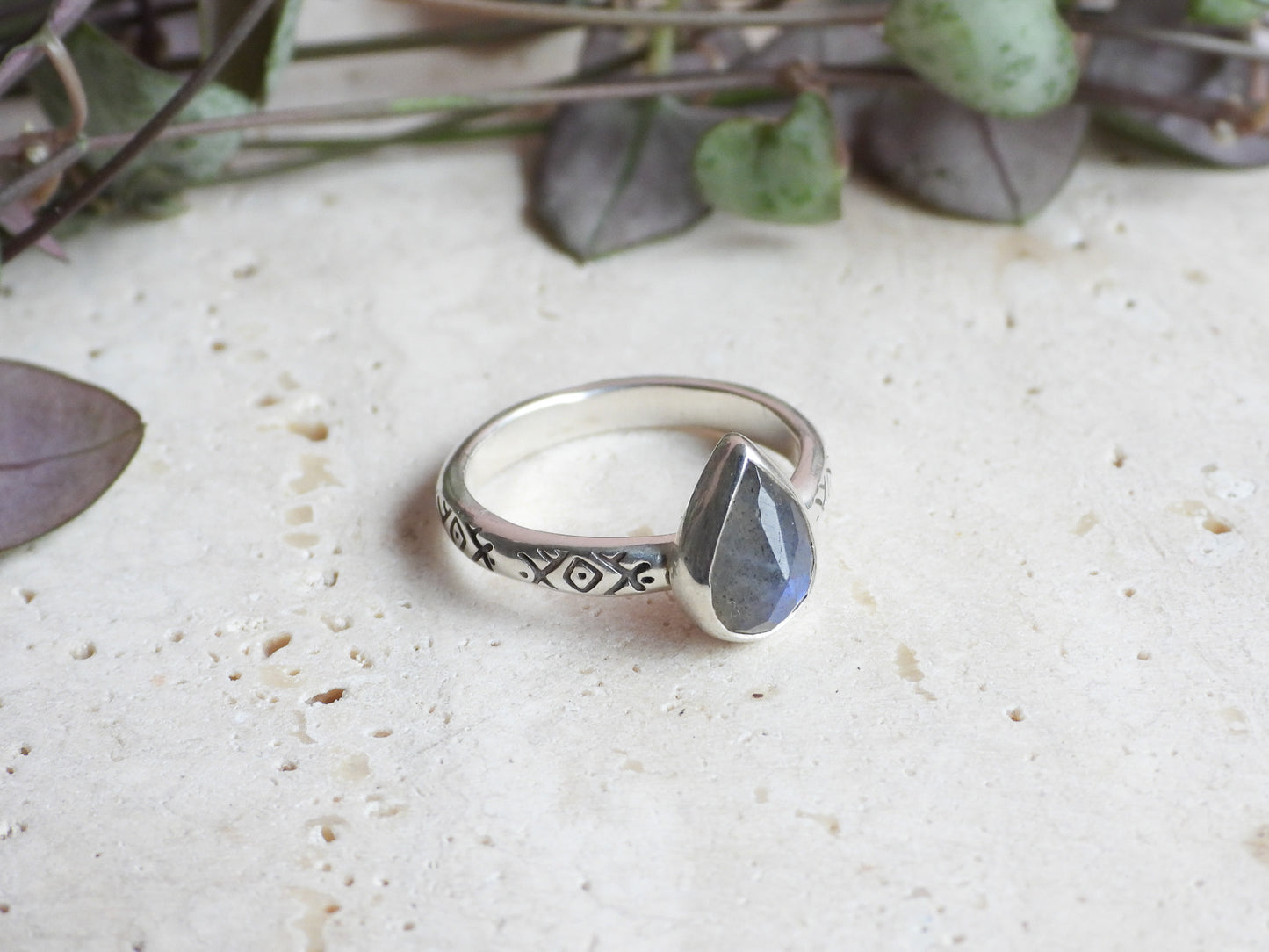 Labradorite Teardrop Gemstone Ring | Size O | Recycled Sterling Silver