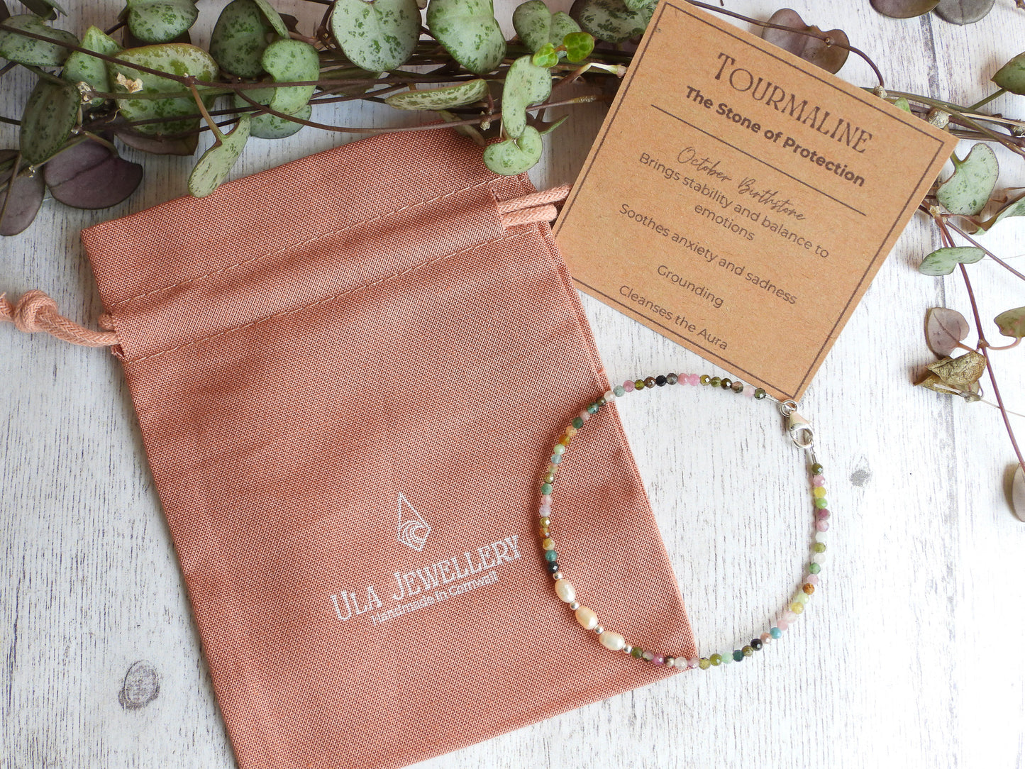 Dainty Tourmaline and Pearl Gemstone Bracelet | October Birthstone | Faceted Beads