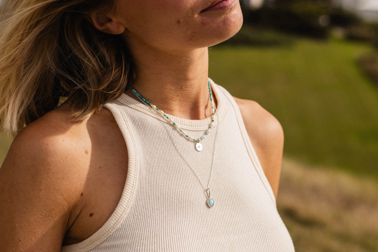 Dainty Larimar & Wave Charm Necklace | Morvoren Collection