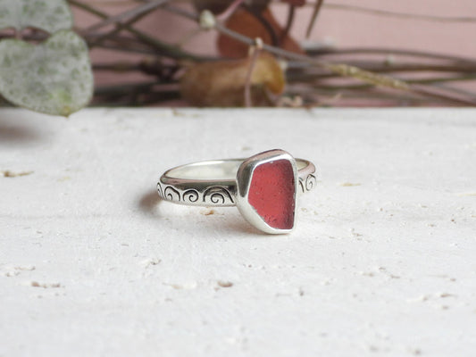 boho style pink Cornish seaglass ring handmade in Cornwall