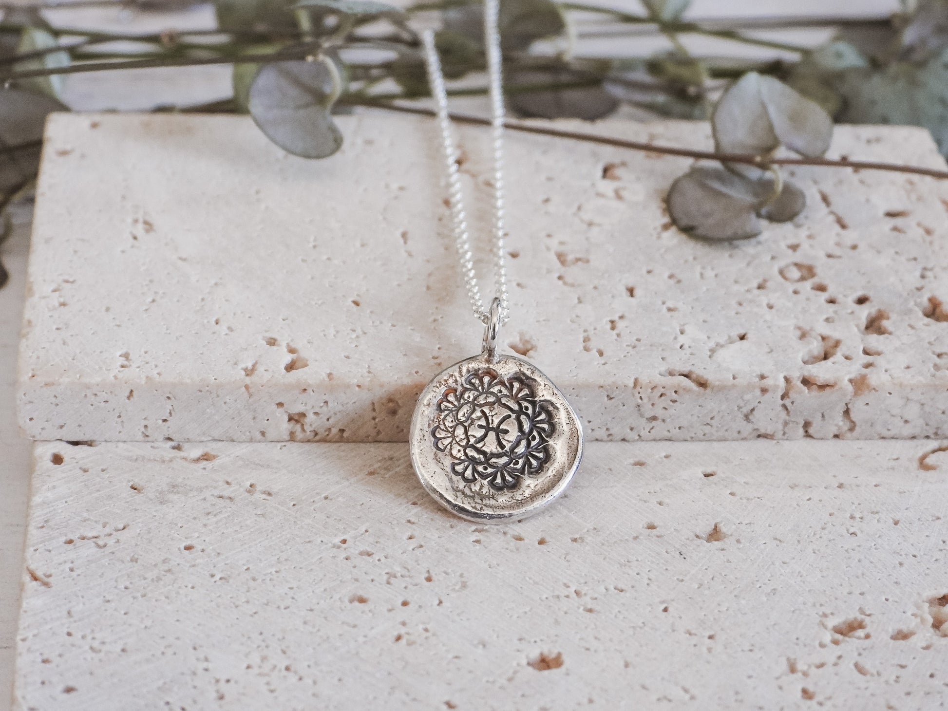 boho style pisces mandala necklace with recycled sterling silver