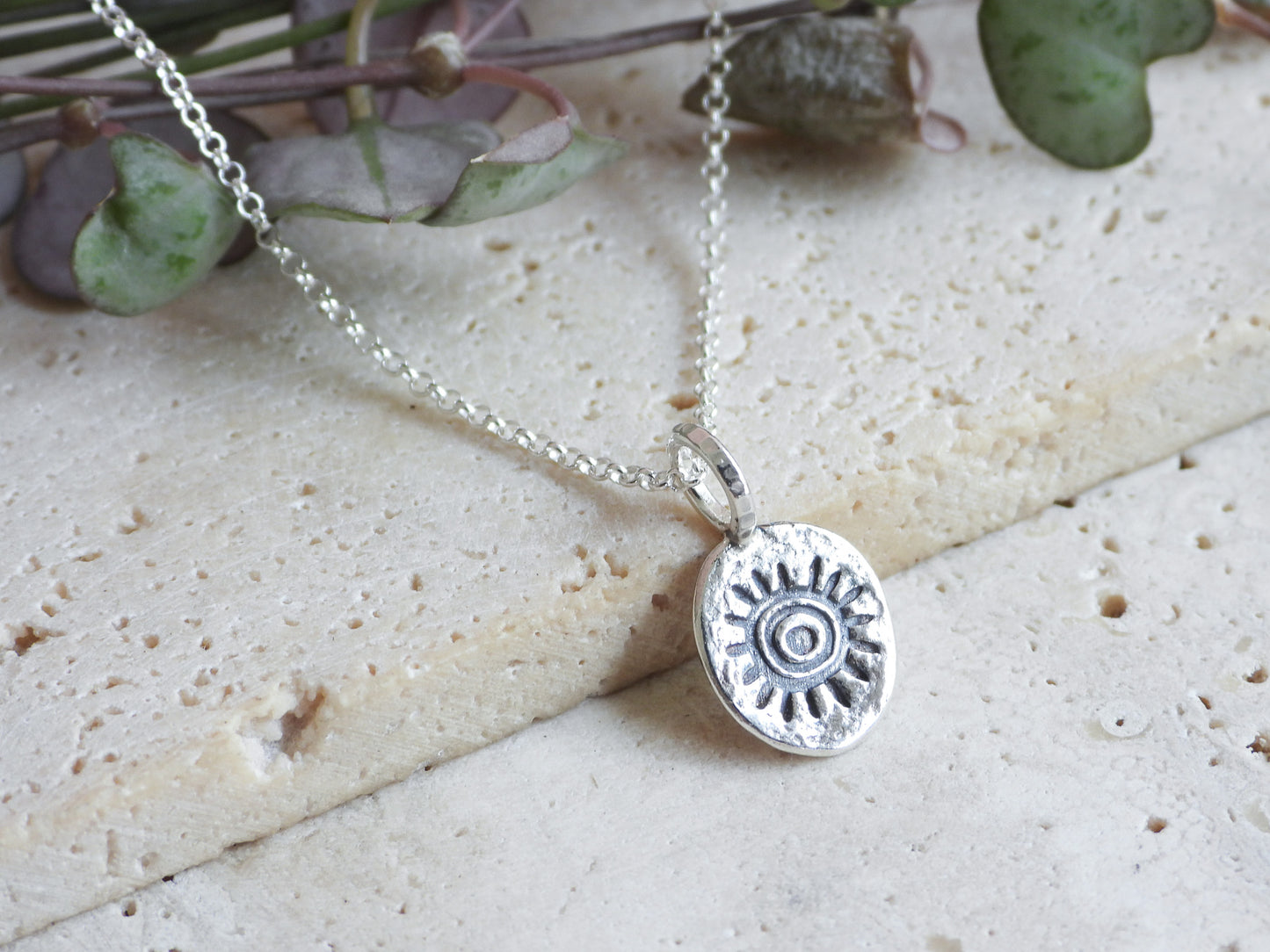 boho rustic sunshine charm necklace with textured pendant