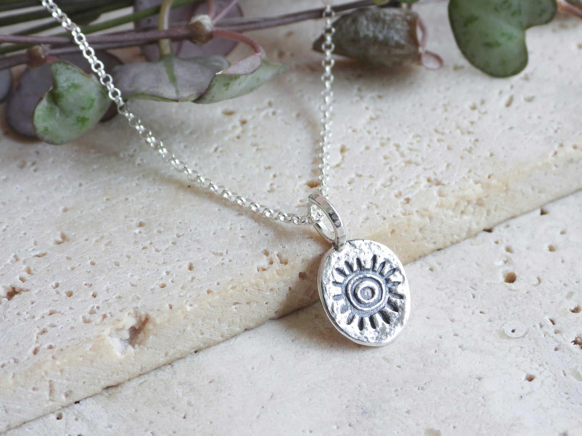 boho rustic sunshine charm necklace with textured pendant