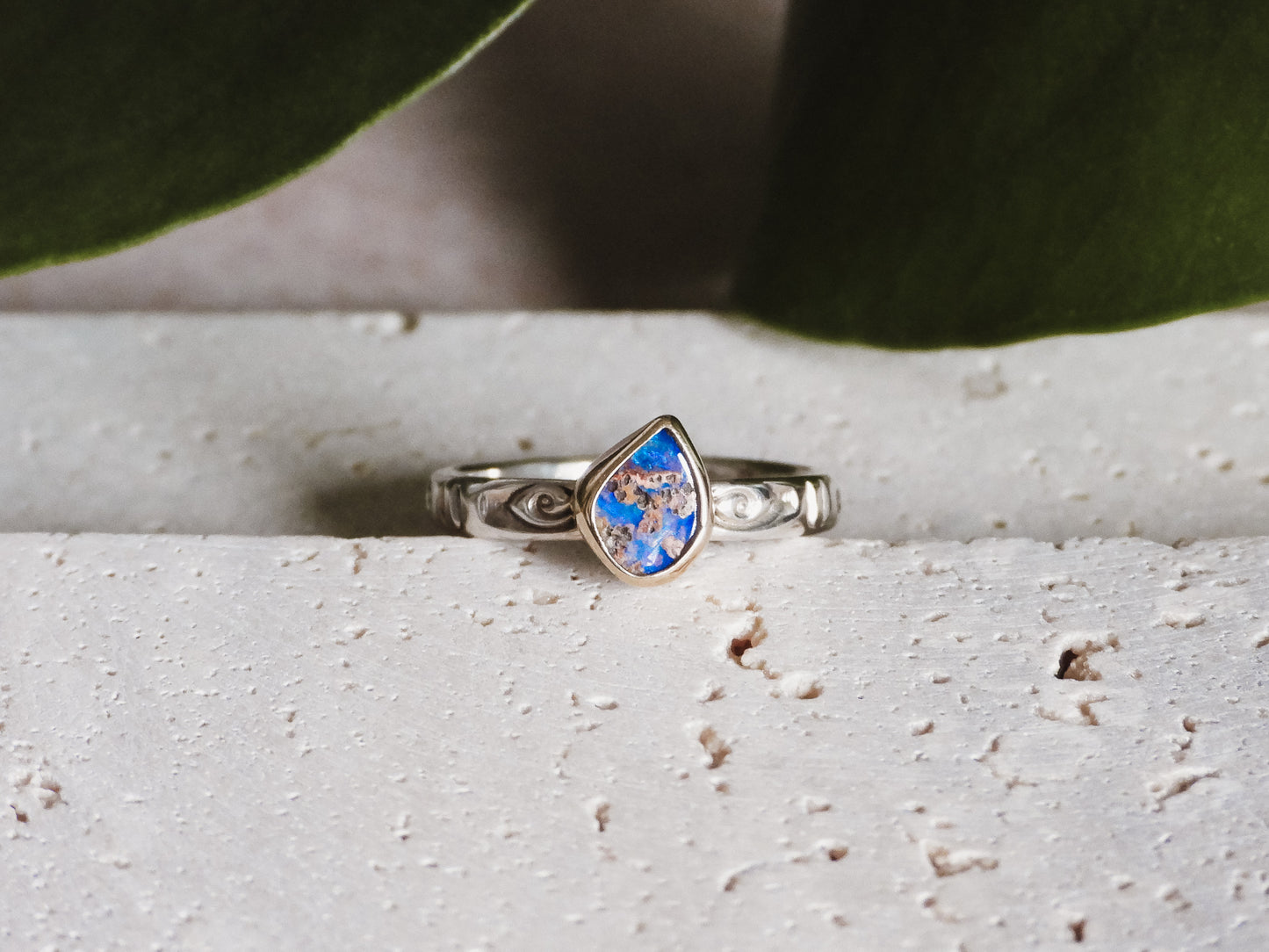 purple Australian boulder opal ring in a bohemian style 