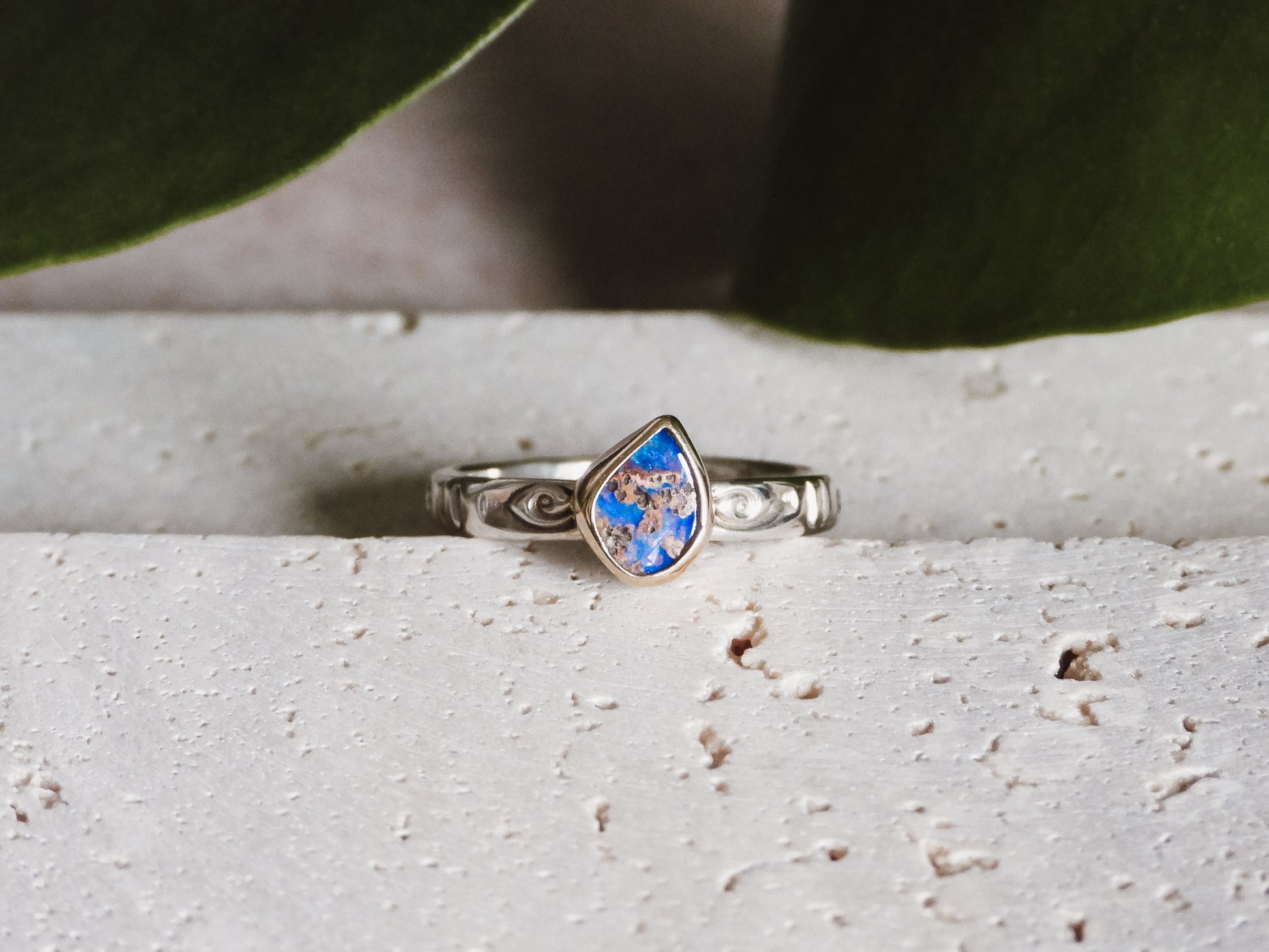 purple Australian boulder opal ring in a bohemian style 