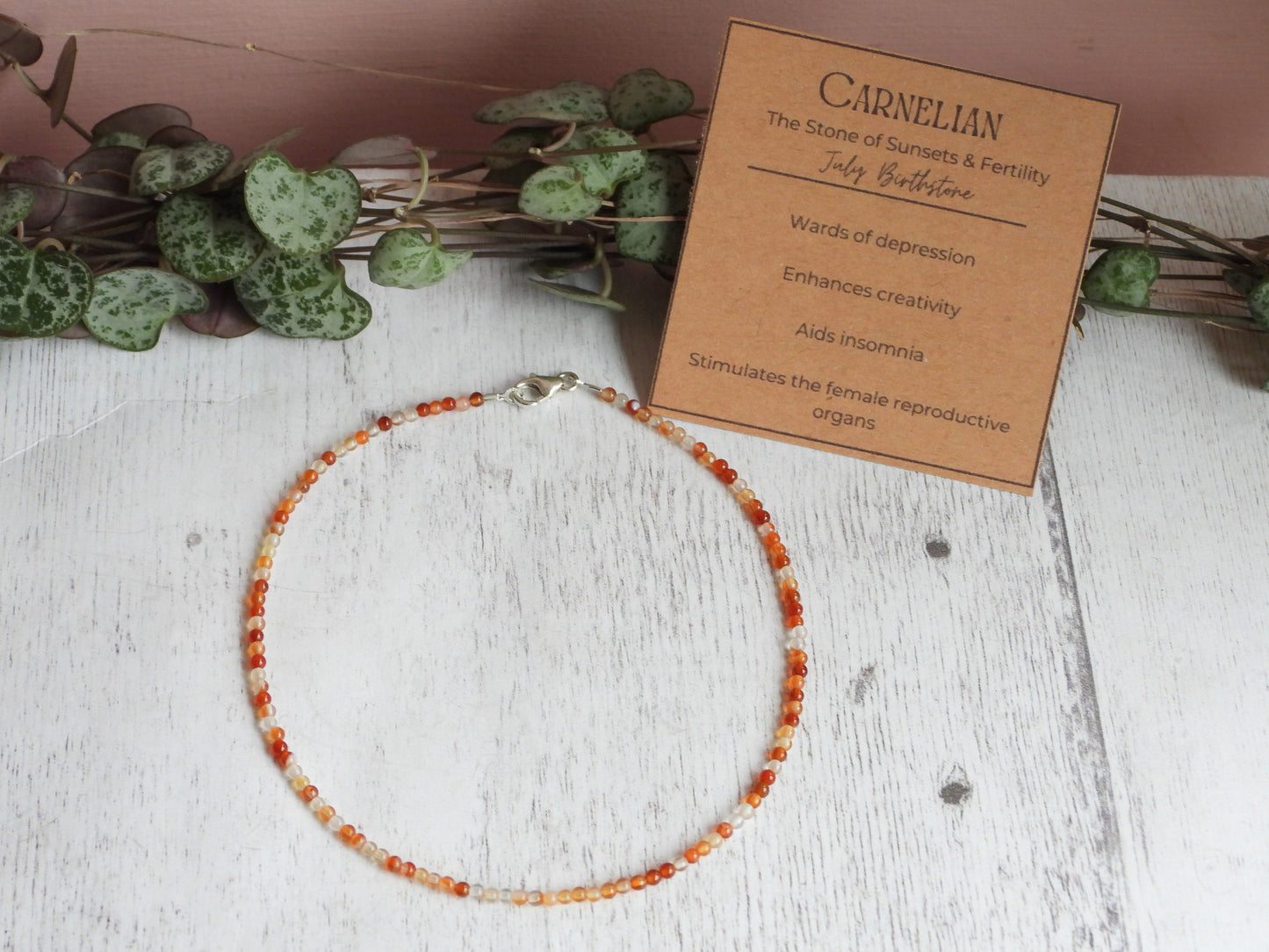 Dainty Carnelian "Fertility" Gemstone Anklet | July Birthstone | Round Beads