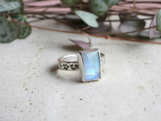 Celestial Rainbow Moonstone "Steren" Ring | Size O 1/2 | Recycled Silver 925