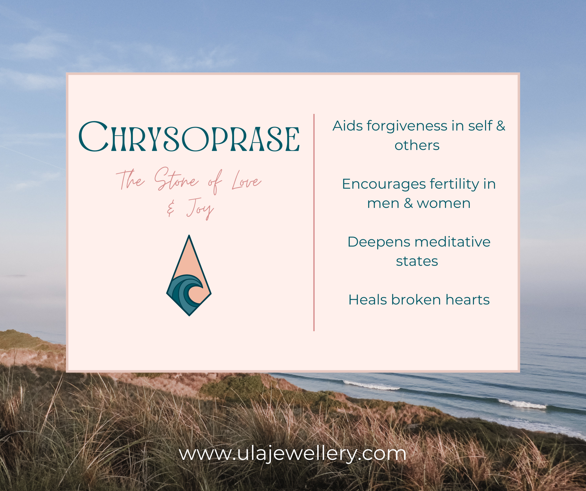 chrysoprase gemstone crystal healing infographic by Ula Jewellery Cornwall
