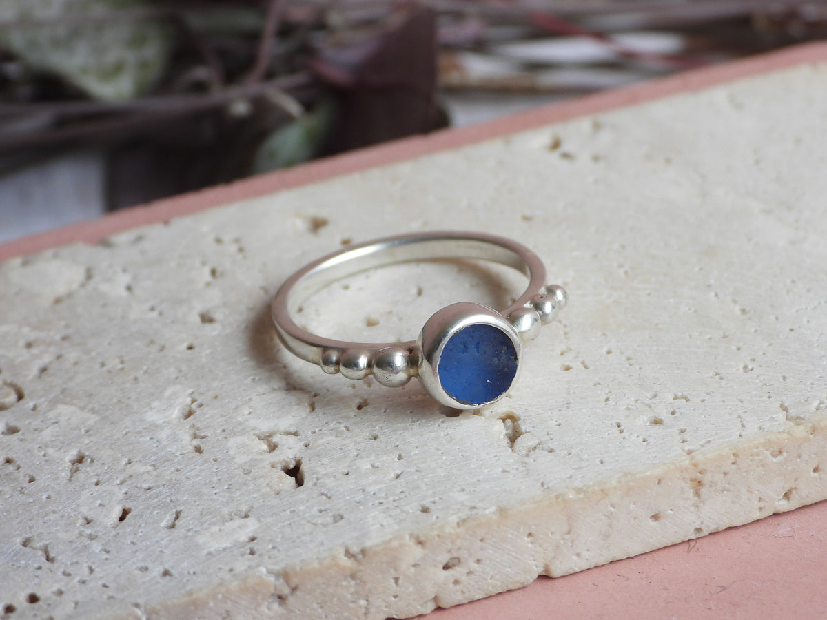 Cornish Cornflower Blue Seaglass Ring | Size P | Handmade in Cornwall