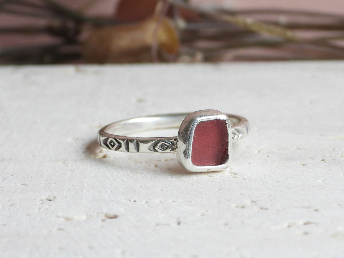Pink Cornish Sea Glass Ring | Handstamped Boho Sterling Silver | Handmade in Cornwall | O 1/2