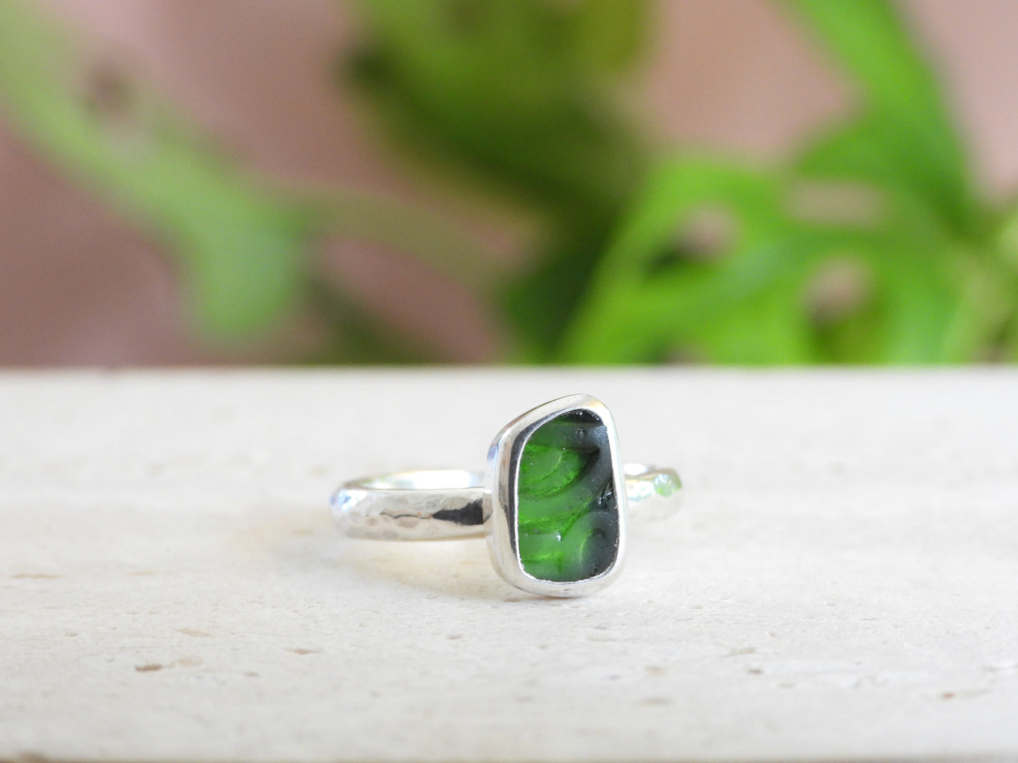 Rare Embossed Green Seaglass Ring | Recycled Silver 925 | Size L/M