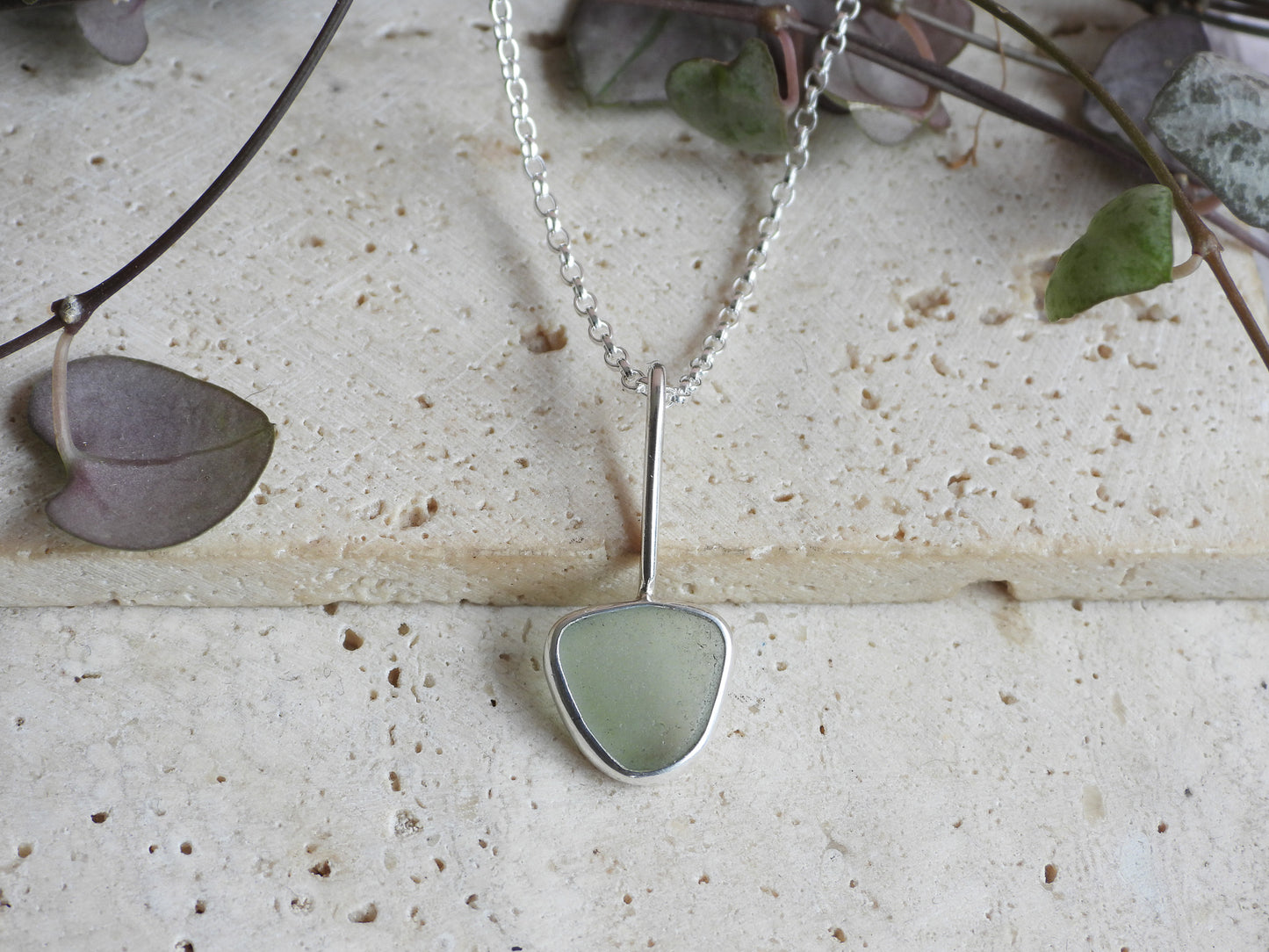 Dainty Cornish Sea Foam Green Sea Glass Necklace | Handmade Sterling Silver 925 | Perranporth Beach