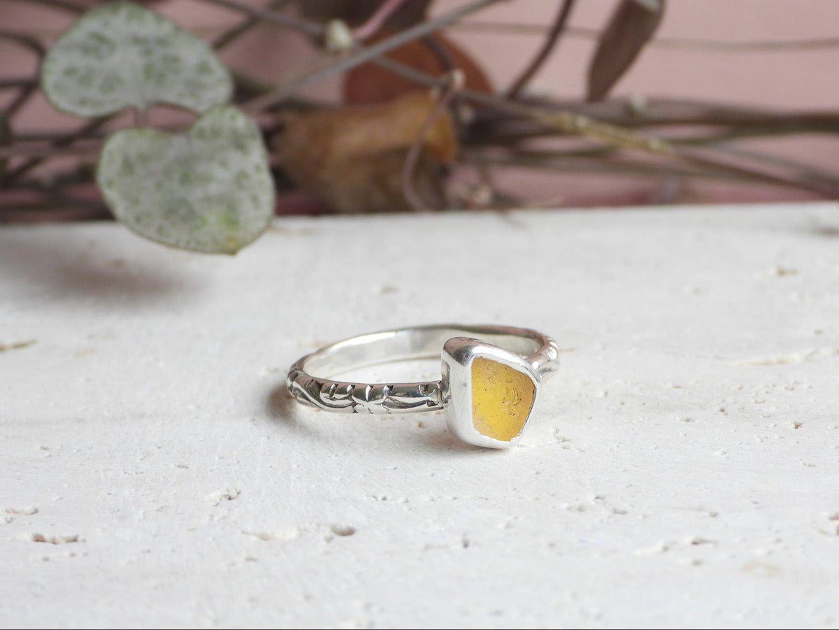 Cornish yellow uv seaglass stacking ring made with recycled sterling silver 925