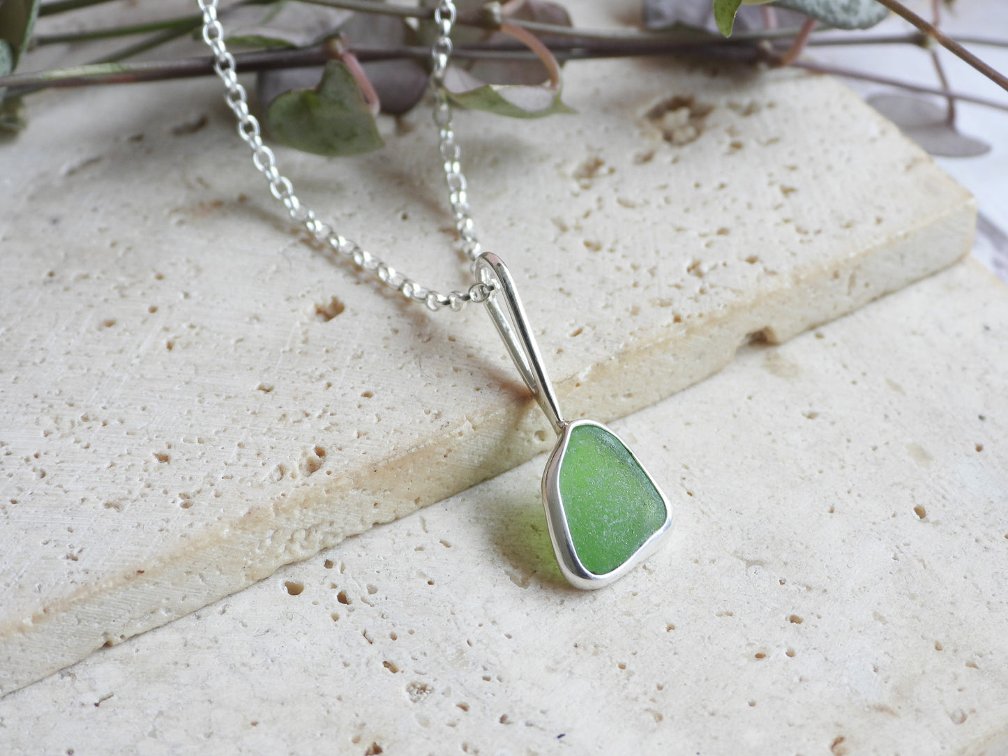 Dainty Cornish Green Sea Glass Necklace | Handmade Sterling Silver 925 | Coverack Cove