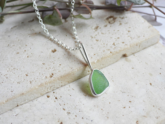 Dainty Cornish Green Sea Glass Necklace | Handmade Sterling Silver 925 | Coverack Cove