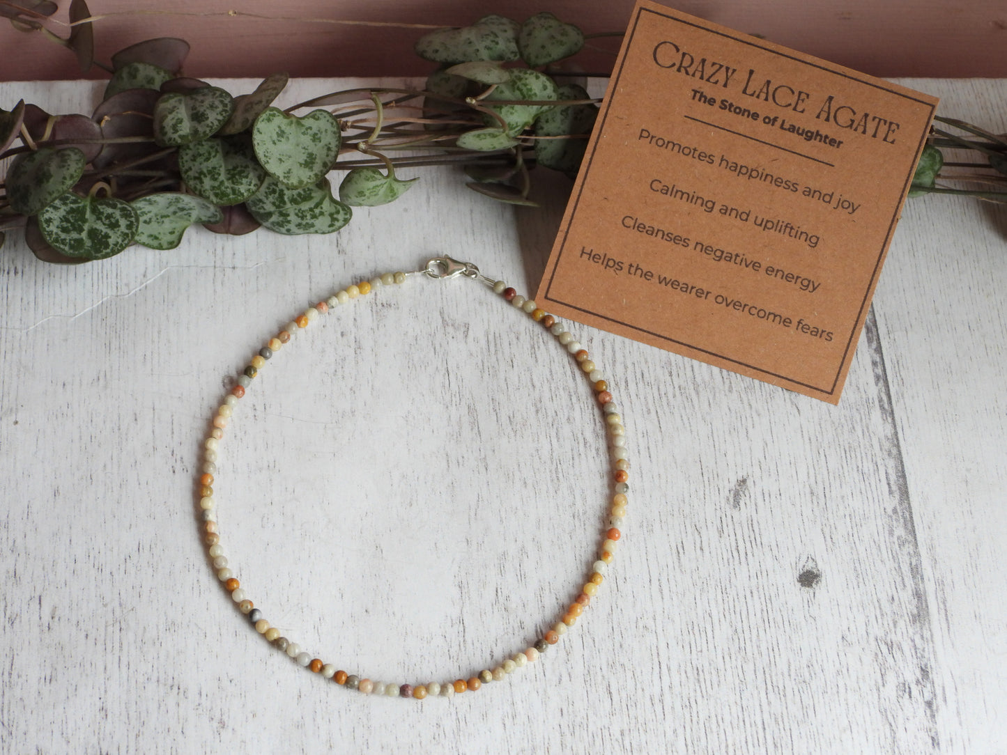 Dainty Crazy Lace Agate "Laughter" Gemstone Anklet | Round Beads