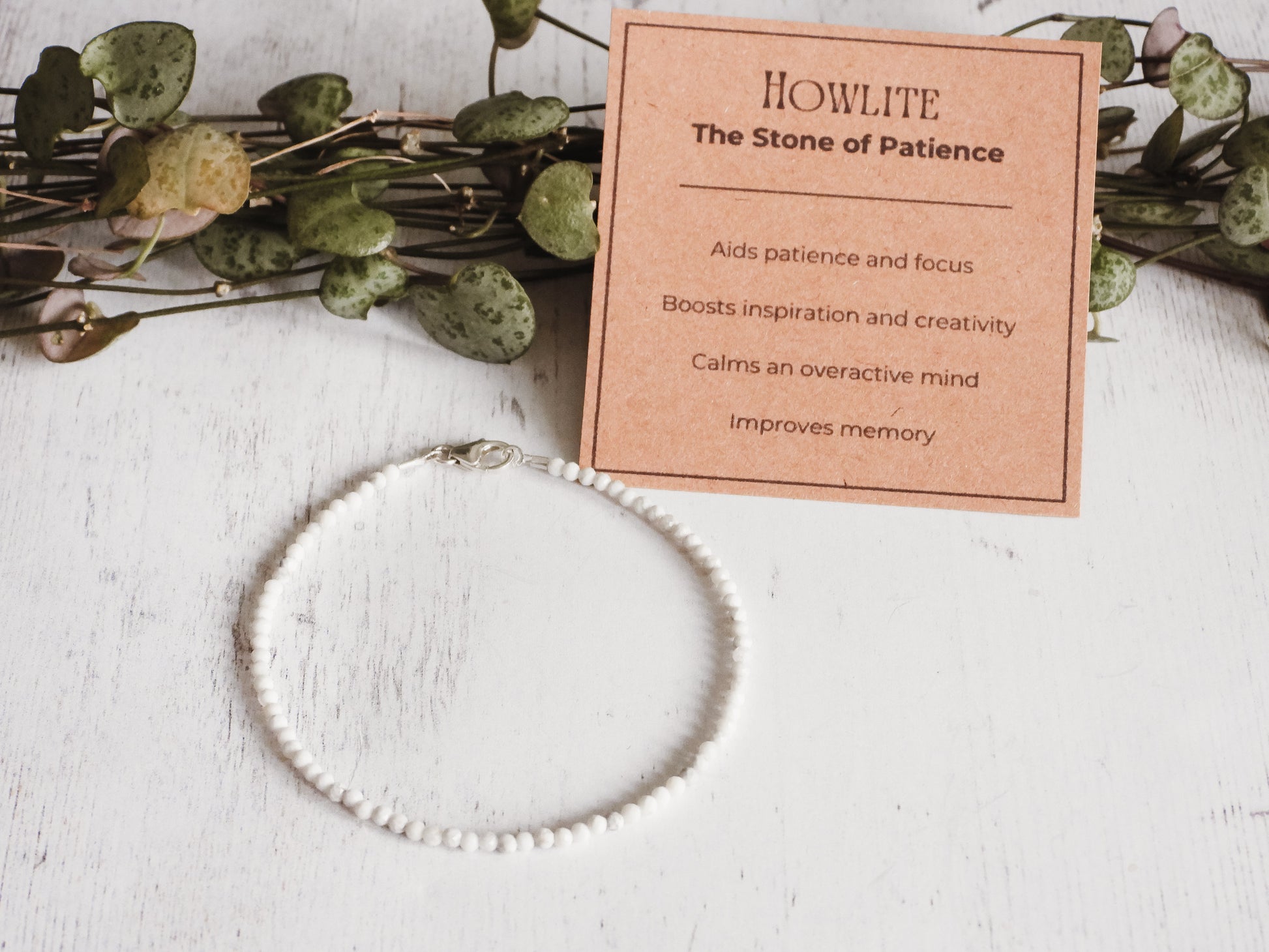 crystal healing white howlite gemstone stacking bracelet with healing properties card