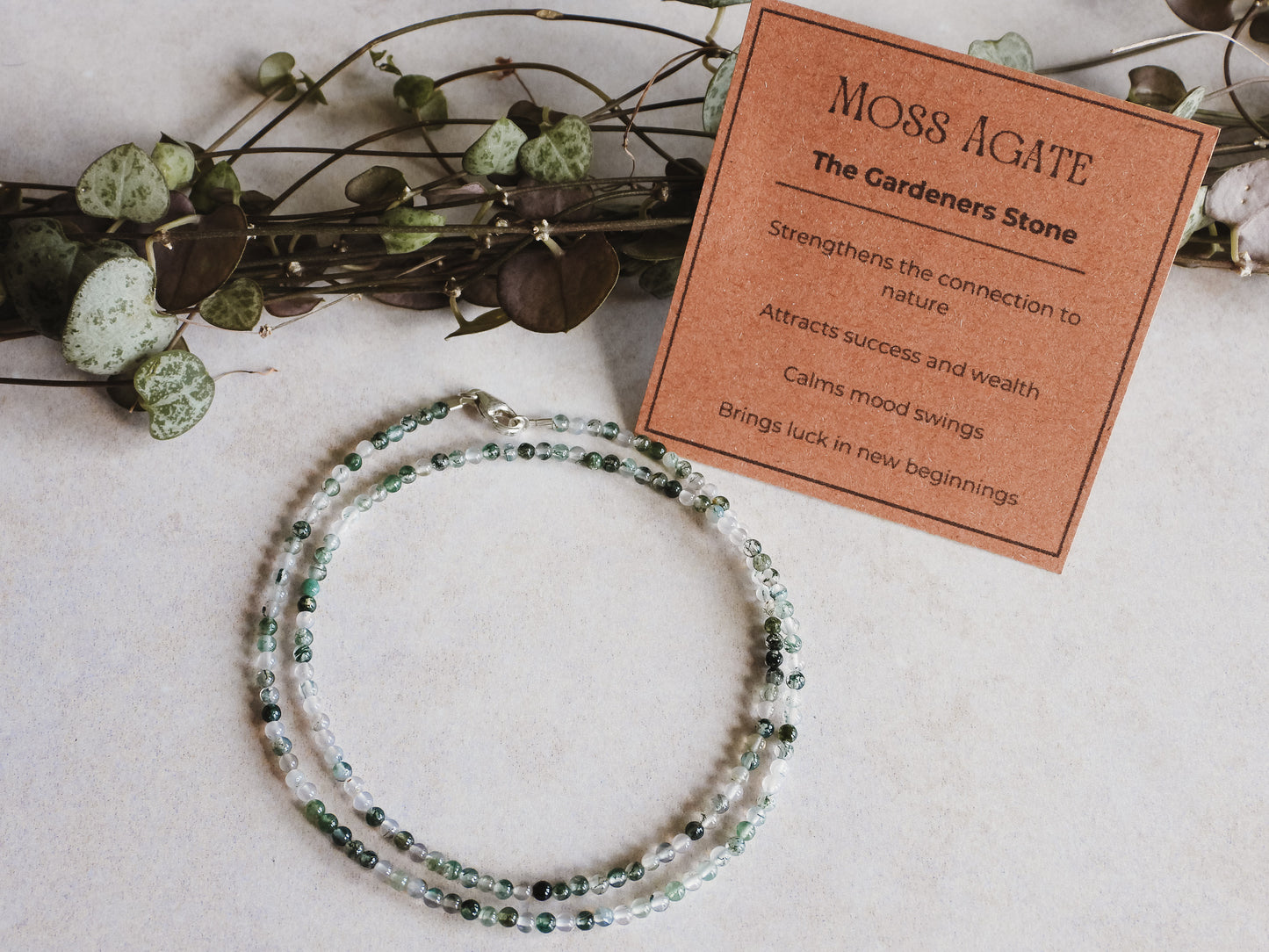 Dainty Moss Agate "Gardeners Stone" Gemstone Necklace | Round Beads