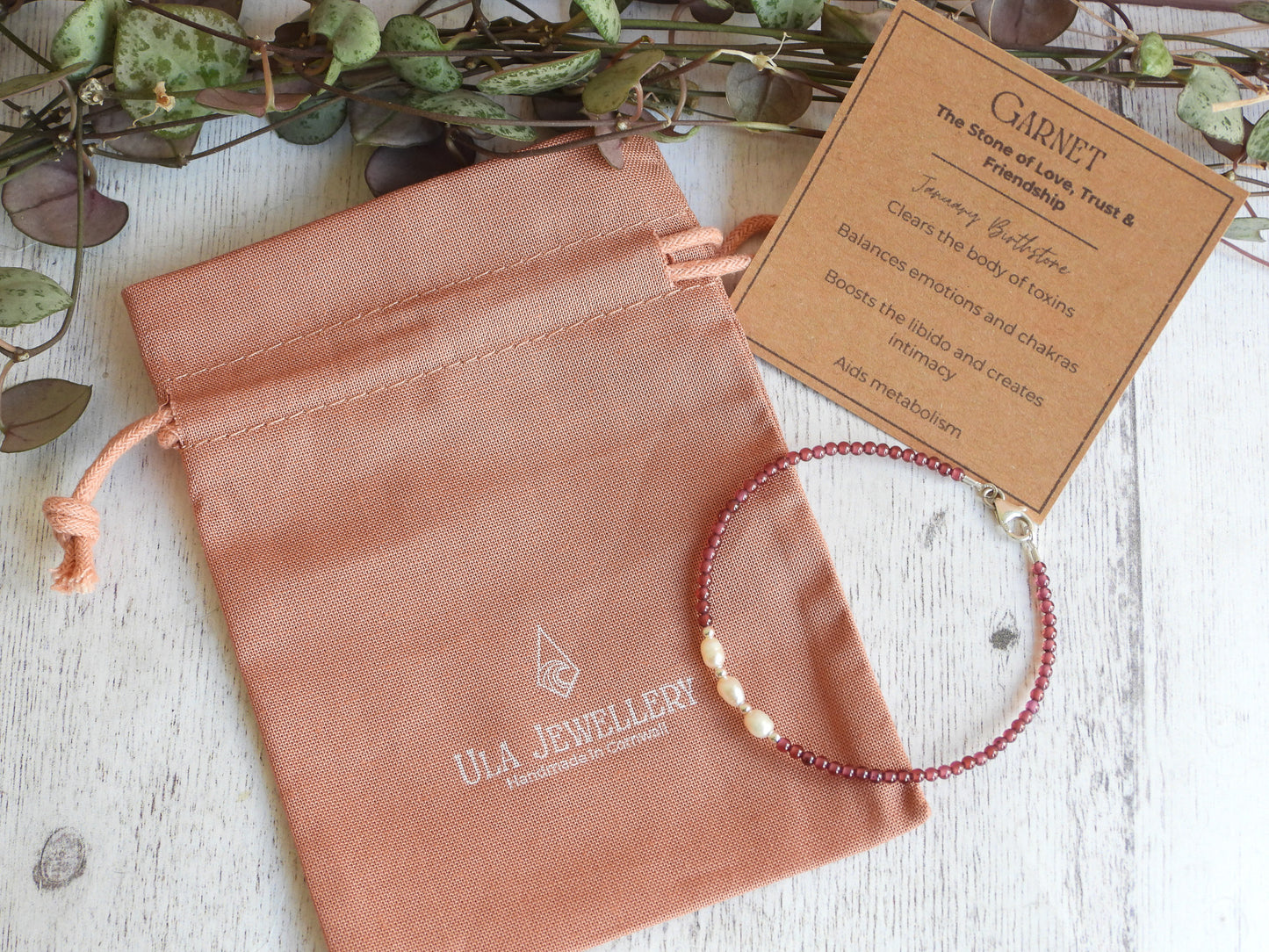 Dainty Garnet and Pearl Gemstone Bracelet | January Birthstone | Round Beads