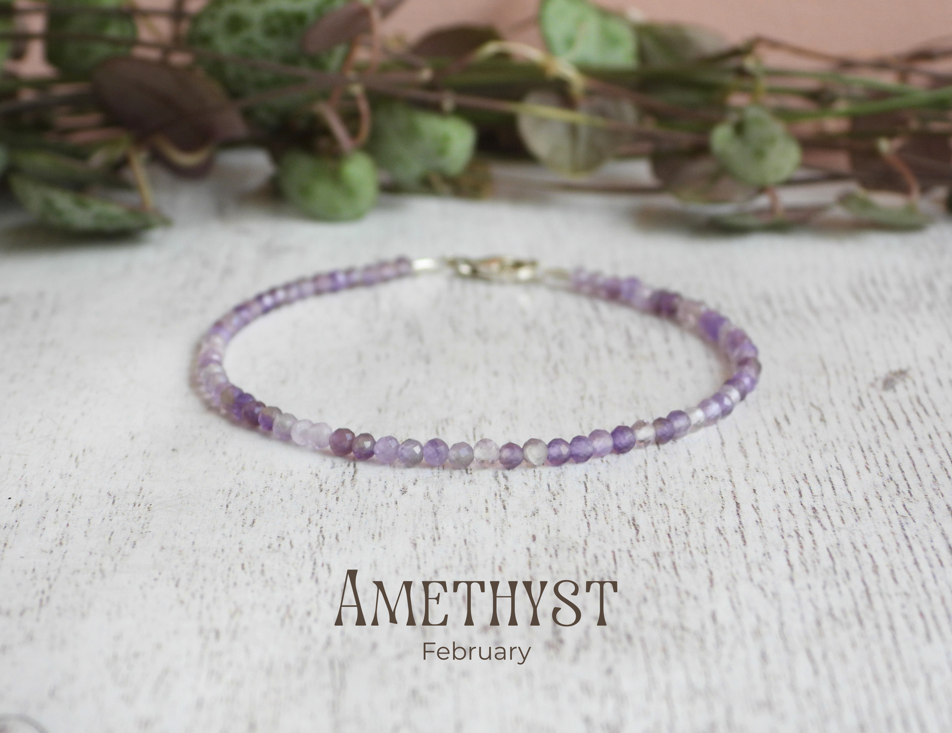 dainty amethyst beaded February birthstone bracelet handmade 925